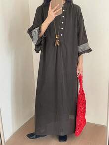 FRIFUL Đầm dài nữ màu trơn, cài nửa cổ áo, cúc tay tương phản, đường may tương phản, gấu đầm xòe trang trí, dáng rộng thoải mái, đa năng. - Xám - Xem 5