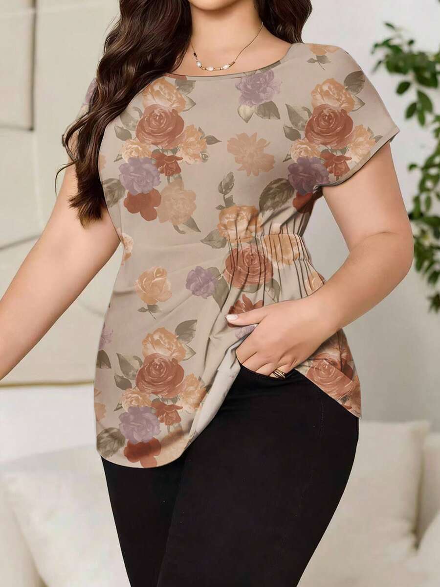 Reflora Elegant Rose Floral Print Casual Minimalist Plus Size Shirt, Suitable For Valentine's Day - White - View 1