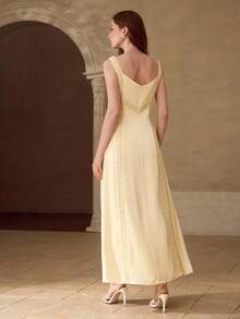 MOTF PREMIUM WOMEN'S SPRING/SUMMER SATIN CONTRAST LACE TRIM STRUCTURED A-LINE DRESS - Light Yellow - View 3