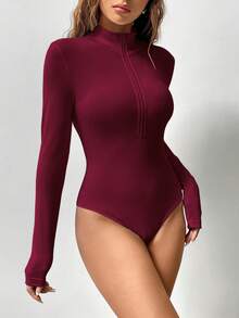 Flirla 1pc Front Zipper Fitted Long Sleeve Bodysuit - Burgundy - View 3