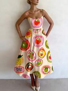 女士休闲水果印花无袖中长连衣裙，度假款 - 彩色 - 查看 1