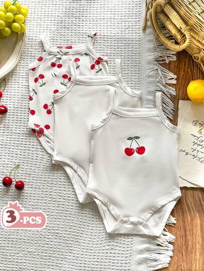Vintaside Kids 3pcs/Set Cute Casual Cherry Print Sleeveless Romper Outfit Set, Suitable For Spring, Summer, Autumn, Home, Outdoor, Daily Wear