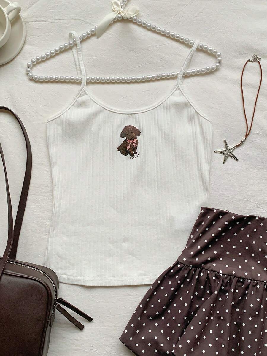 CovetEZ 女士休闲狗狗印花吊带背心，夏季 - 白色 - 查看 1