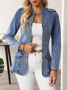EMERY ROSE Plus Size Women's Casual Single-Breasted Denim Jacket, Autumn - Blue - View 3