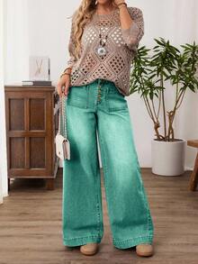 EMERY ROSE Plus Size Women Loose Casual Denim Wide Leg Jeans With Button Front Pockets - Green - View 11