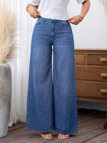 Plus Size Women's Casual Wide Leg Jeans With Pockets - Medium Wash Blue - View 3