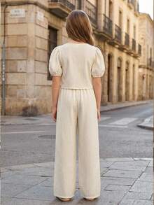 SHEIN 少女休闲街头风撞色花卉蝴蝶结装饰纹理泡泡短袖梭织衬衫上衣和阔腿直筒裤套装，卡其色 - 卡其色 - 查看 3