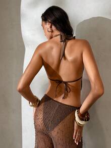 Aloruh 女士纯棕色罩衫，棕色挂脖垂褶上衣，女士度假波西米亚风，女士音乐节泳衣，优雅女士沙滩泳衣，女士泳装，女士泳衣，女士泳装，女士泳衣，女士泳装，女士沙滩罩衫，女士沙滩罩衫，女士泳衣罩衫，优雅女士沙滩罩衫，泳装罩衫，女士泳衣罩衫，女士沙滩装，女士沙滩装 - 咖啡棕 - 查看 3