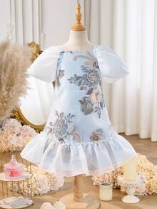 Vestido corto de manga corta con bordado floral de organza elegante y lindo para niña - Multicolor - Ver 9
