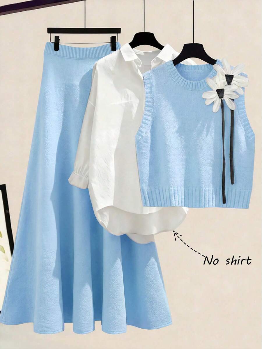 SHEIN LUNE 秋冬新款宽松百搭3D立体花卉圆领无袖针织背心搭配A字针织中长裙女装两件套 - 淺藍色 - 查看 1