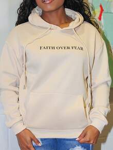 Steph T Sudadera con capucha térmica con bolsillo canguro y cordón, estampado de eslogan, de manga larga - Albaricoque - Ver 6