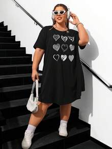 SHEIN CURVE+ 夏季大码心形印花针织弹力 A 字连衣裙