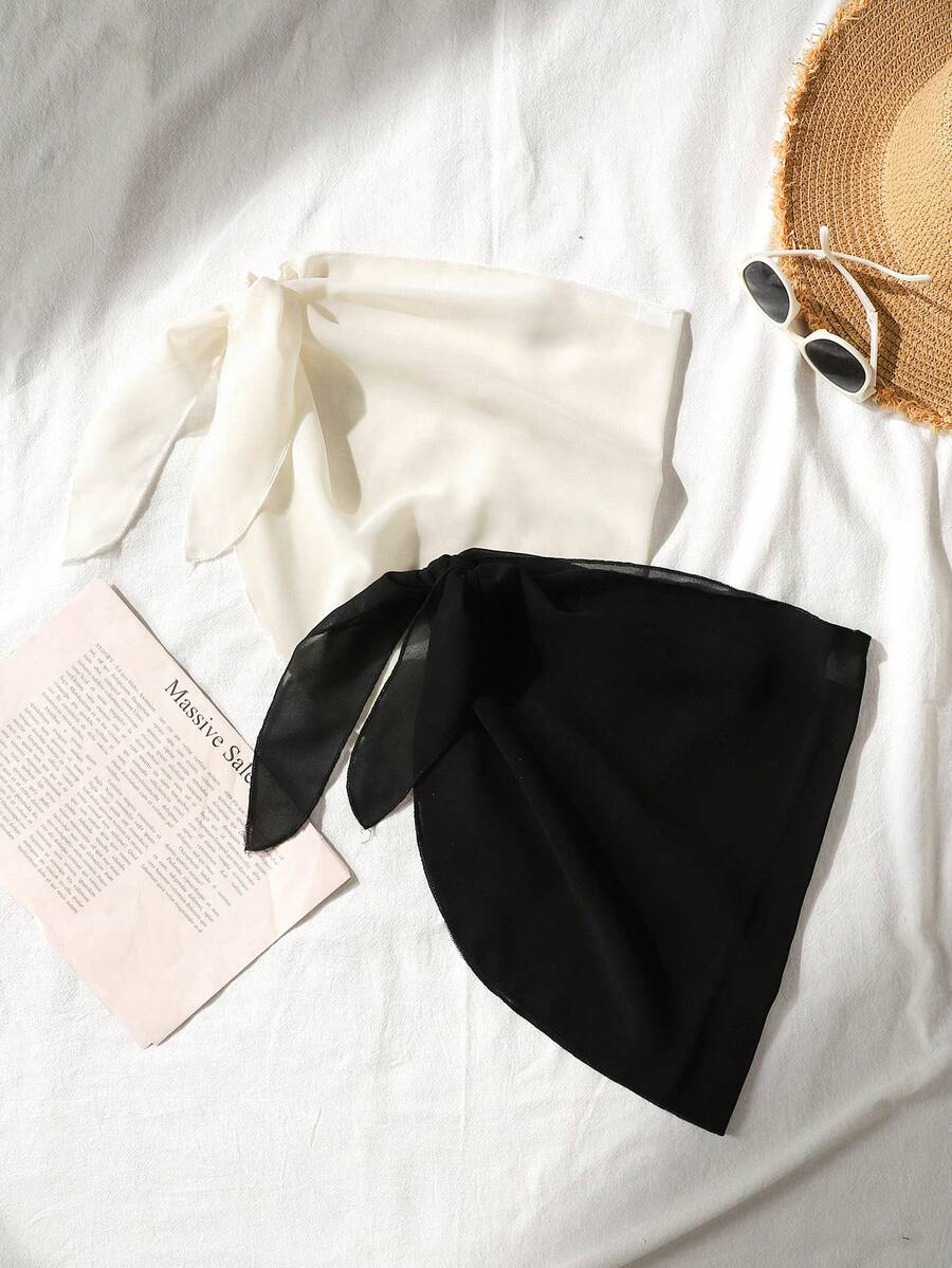 SHEIN 2pcs Tween Girls' Chiffon Beach Cover-Up Dress Set - Black - View 1