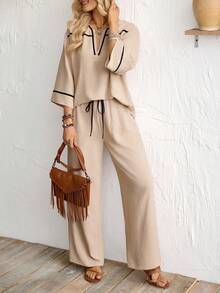 Florisole Vacation And Leisure Two-Piece Set With Black Trim, Summer Three-Quarter Sleeve Two-Piece Set With Trousers, Spring And Summer Two-Piece Set, Summer Suit, Casual Vacation Outfit, Women's Vacation Wear, Women's Holiday Outfit, Summer Holiday Outfit, Apricot Suit With Black Trim Design, Two-Piece Set - Apricot - View 2