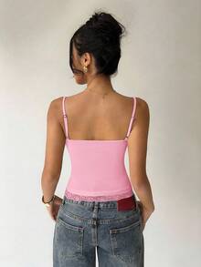 Aloruh Áo camisole ôm sát dành cho nữ, màu trơn phối ren. - Hồng - Xem 2