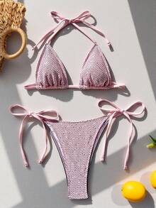 Swim SXY Spring/Summer Women's Swimsuit Set, Pink Mesh Sequin Embellished Bikini Triangle Cup Swimwear, Sexy Beach Outfit With Tie-Up Design - Pink - View 4