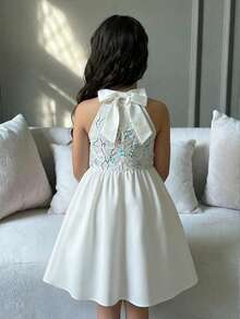 SHEIN Tween Girl Spring/Summer Elegant Glamorous 3D Embroidered Sequin Mesh Patchwork Big Bow Sleeveless Cinched Waist Princess Flare Dress Flower Girl Wedding Season Dress White Tween Girl - White - View 5