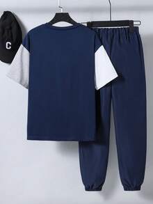 SHEIN Vacaura 两件套休闲时尚简约蓝灰白拼接T恤裤套装，适合青少年男孩，宽松版型，适合秋季、春季、夏季日常穿着、通勤、户外活动、运动、上学、街头风、派对和拍照等场合。 - 彩色 - 查看 2