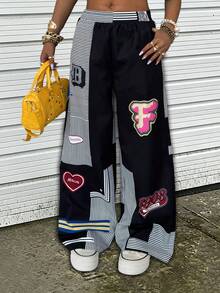 Rovax Women's Striped & Letter Print Casual Versatile Slant Pocket Pants - Multicolor - View 3