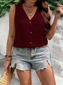 Breezaya Áo sơ mi mùa hè cỡ lớn, màu trơn, cài cúc phía trước, chất liệu có họa tiết. - Màu Đỏ Sâu - Xem 1