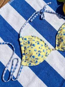 Swim Mod Women's Fashionable & Cute Vacation Beach Pool Party Plaid & Floral Pearl Halter Triangle Bikini Top - Multicolor - View 4