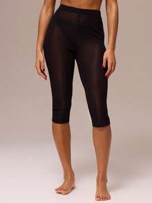 MUSERA ESSENTIALS Åtsittande, resår i midjan, transparent mesh, capribyxor för vårkväll, sexig, söt, åtsittande mesh, nödvändigt - Svart - Visa 2