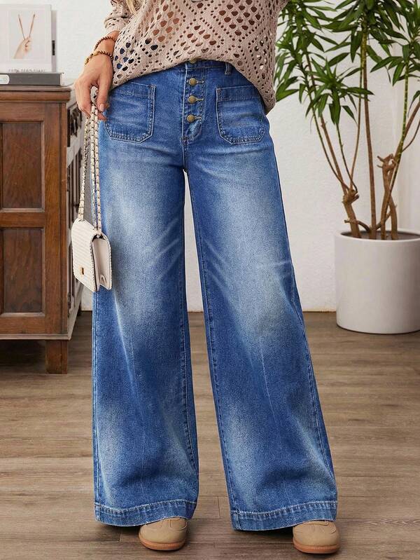 EMERY ROSE Women's Pocket Front Button Contrast Color Casual Wide Leg Jeans