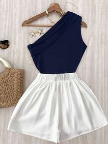 EMERY ROSE Casual Chic Commuting High Elasticity Solid Brown Pleated Shoulder Top And White Elastic Waist Pants Set - Navy Blue - View 2