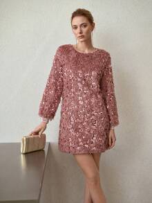 MOTF PREMIUM WOMEN'S ROUND NECK SEQUIN MINI DRESS, AUTUMN/WINTER - Dusty Pink - View 6