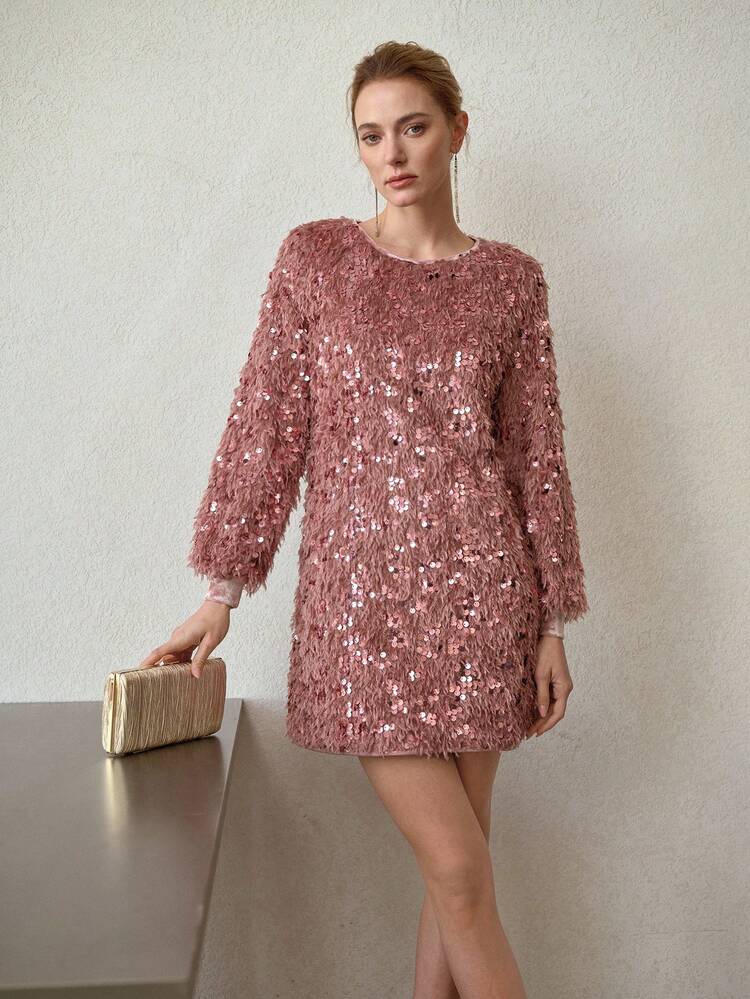 WOMEN'S ROUND NECK SEQUIN MINI DRESS, AUTUMN/WINTER