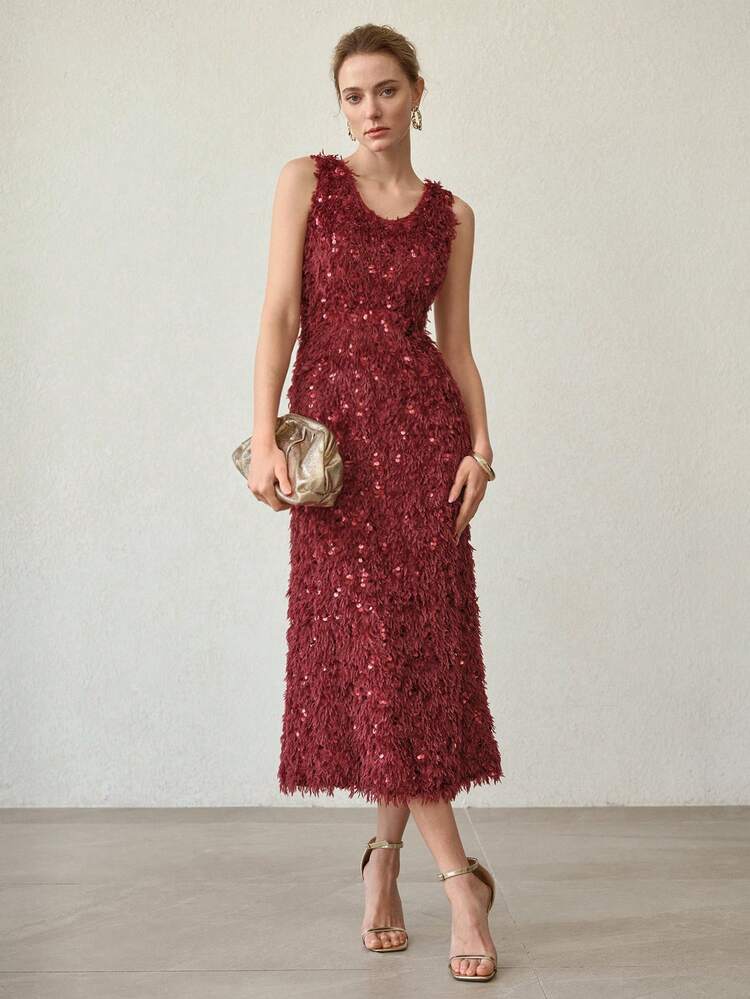 SEQUIN & FUZZY SLEEVELESS LONG DRESS