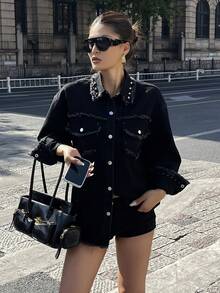 DAZY Women's Rivet Decor Long Sleeve Single-Breasted Frayed Hem Casual Denim Jacket Y2k - Black - View 8