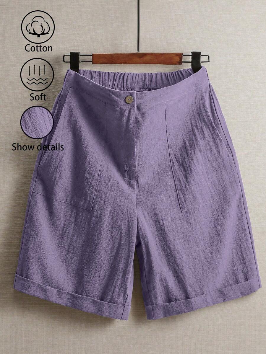 Qadelle Quần short nữ dáng nhỏ nhắn, mùa hè, kiểu dáng thường ngày, đi làm, màu trơn, cạp chun, rộng rãi, thoải mái, chất liệu vải lanh. - Màu tím - Xem 1