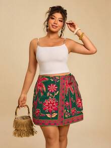 Travachic Plus Size Women's Black Floral Print Wrap Tie Bow Wrap Asymmetrical Skirt Beach Resort Wear Ibiza Boho - Multicolor - View 7