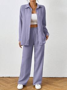 SHEIN PETITE Conjunto casual de 2 piezas de camisa de manga larga de un solo pecho y pantalones de unicolor para mujer - Morado - Ver 5