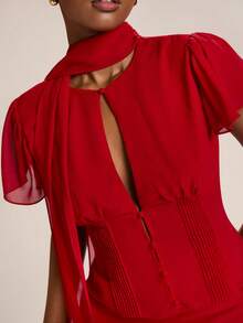 SHEIN BAE Women's Valentine's Day 2-Piece Set, Red Mock Neck Ruffle Sleeve Cutout Fitted Chiffon Blouse & Satin Mini Skirt, Red 2-Piece Set, Elegant 2-Piece Set, - Red - View 7