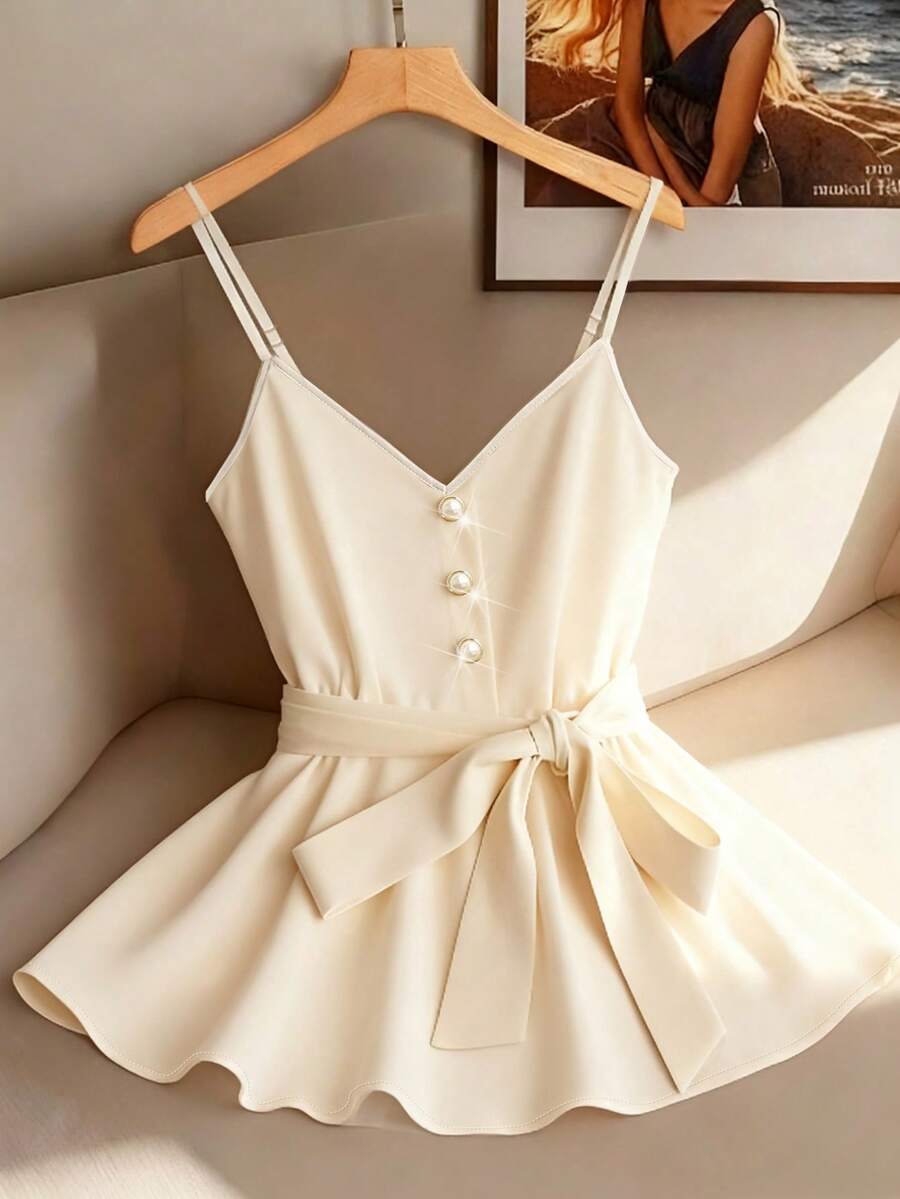 SHEIN Franclia 1. 女士V领束腰吊带背心\N2. 女士珍珠纽扣吊带背心 - 杏色 - 查看 1