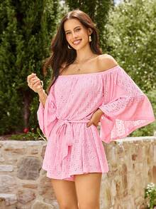 KARISMINA Women's Solid Color Knit Lantern Sleeve Off-Shoulder Jumpsuit, Suitable For Spring/Summer Vacation - Pink - View 7