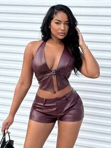 Alexandranx Women Buckle Front Backless Crop PU Leather Halter Top - Burgundy - View 4