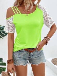SHEIN LUNE 夏季休闲撞色蕾丝拼接不对称领T恤 - 綠色 - 查看 4