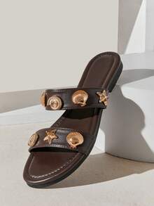 Solezae Women's Minimalist Comfortable, Durable, Double Band Slip-On Flat Sandals With Metal Ornaments - Coffee Brown - View 1