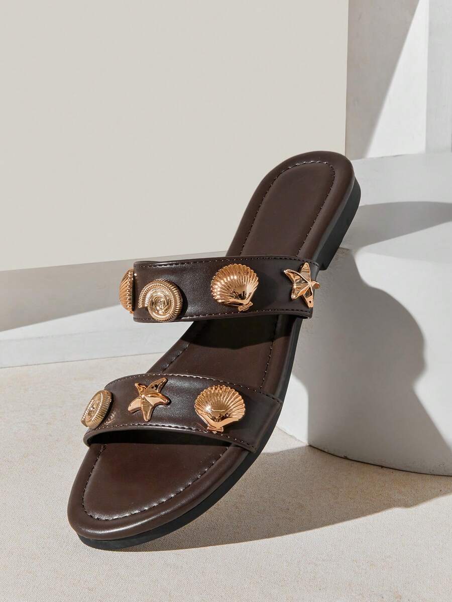 Solezae Women's Minimalist Comfortable, Durable, Double Band Slip-On Flat Sandals With Metal Ornaments - Coffee Brown - View 1