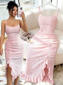 Elenzga New Arrival Elegant Sexy French Style Textured Jacquard Design Spaghetti Strap Backless Fitted Bodycon Mini Dress With Frill Trim For Women - Pink - View 8