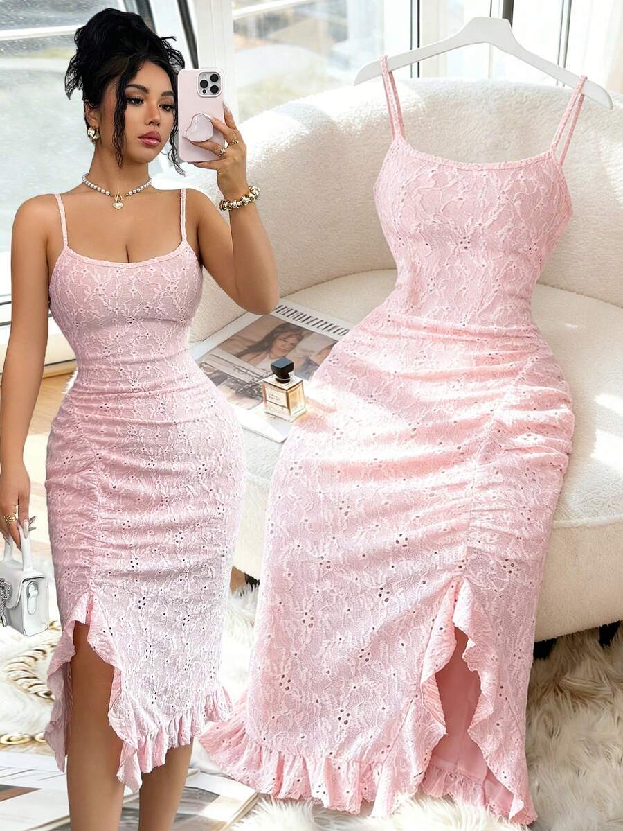 Elenzga 新款优雅性感法式提花纹理吊带露背修身迷你连衣裙，饰有荷叶边，女士款 - 粉色 - 查看 1