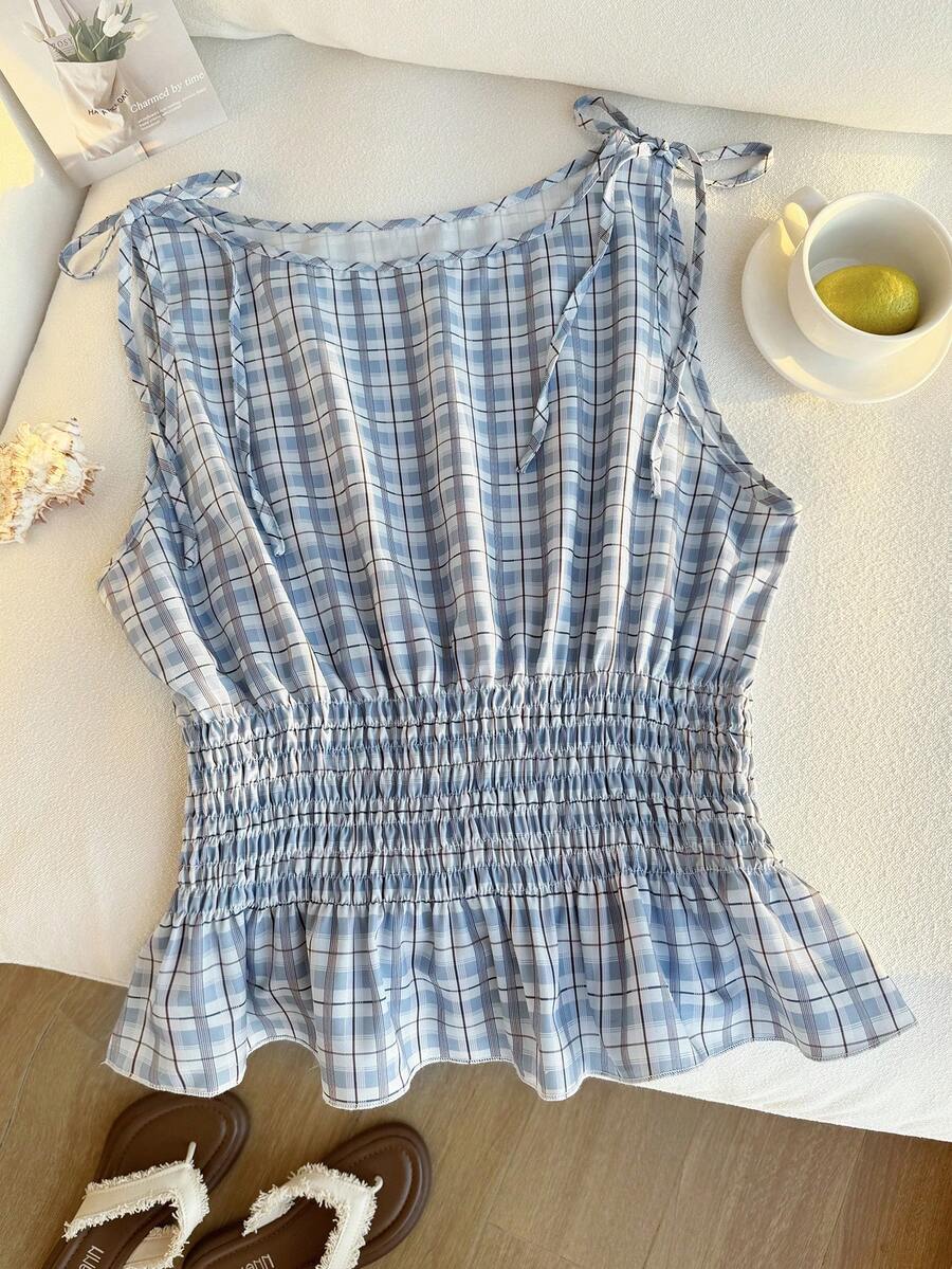 Comfortcana Camiseta sin mangas casual a cuadros para mujer de talla grande - Celeste - Ver 1