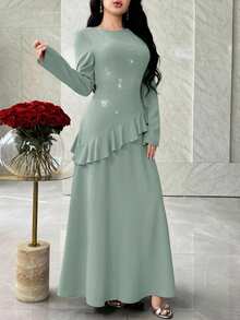 Feyla Vestido elegante de mujer con volantes y adornos de strass, otoño - Verde - Ver 3