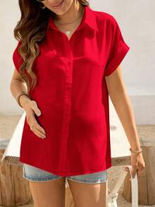 SHEIN Maternity Solid Color Front Button Casual Versatile Short Sleeve Shirt - Red - View 4