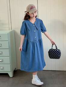 DAZY Đầm denim tay phồng cổ Peter Pan cho bé gái tuổi teen - Màu xanh lam - Xem 6