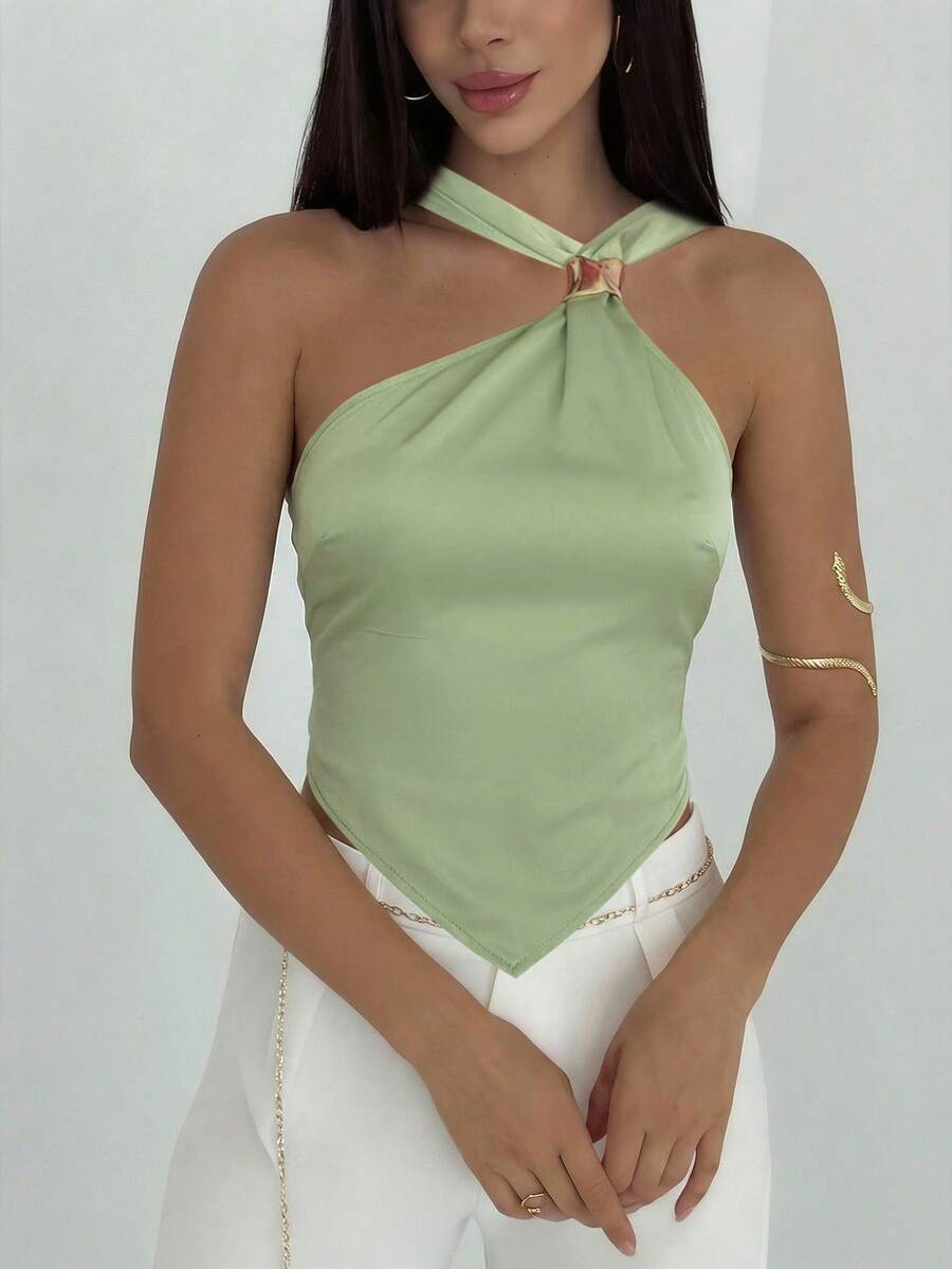 Aloruh 女士优雅通勤休闲金属装饰纯绿色衬衫 - 綠色 - 查看 1