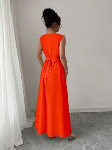 Rafferiza Women's Elegant 2 Pieces Set: Ribbon Trim Batwing Sleeve Robe & Sleeveless Round Neck Dress - Orange - View 5